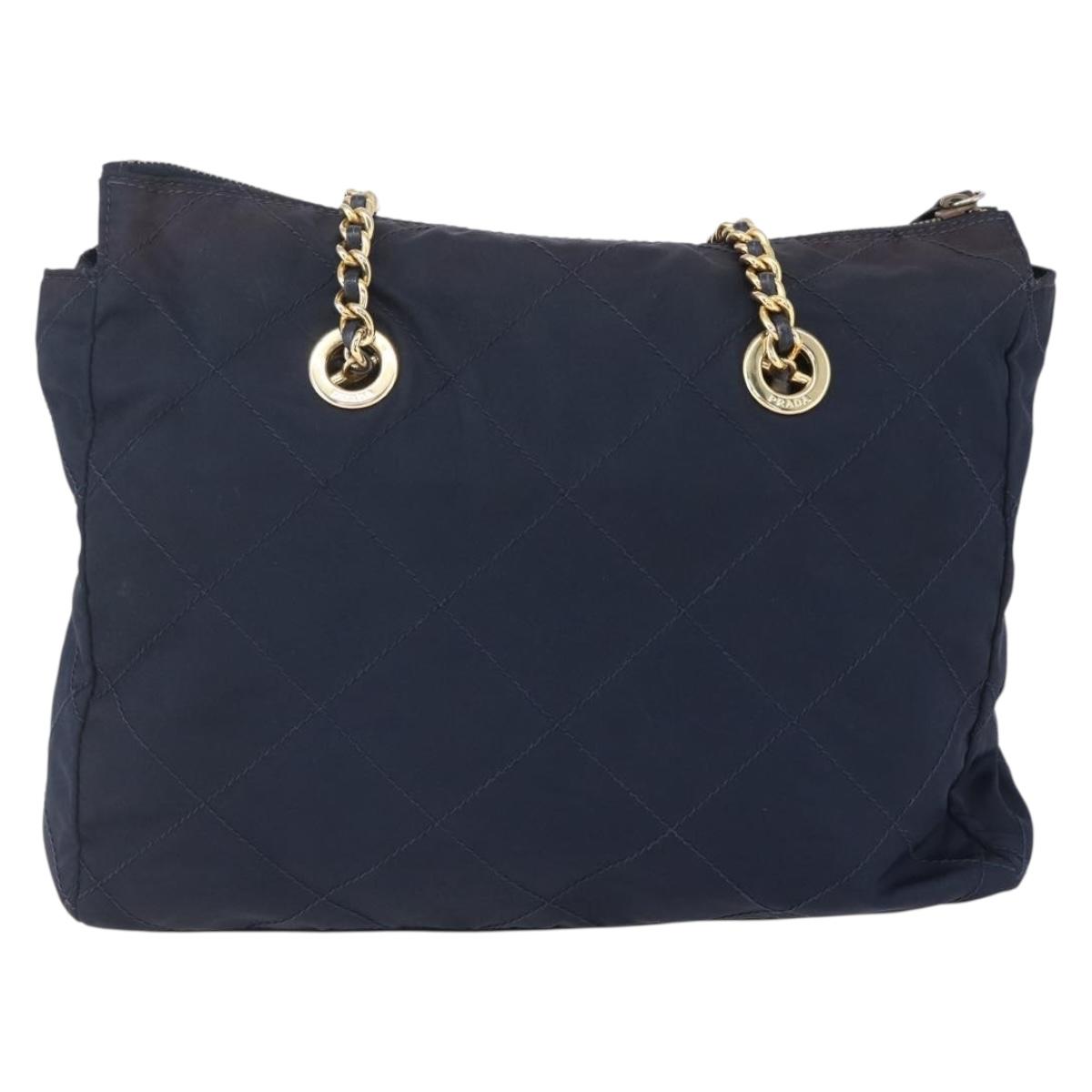 PRADA Chain Shoulder Bag Nylon Navy Gold Auth 152893