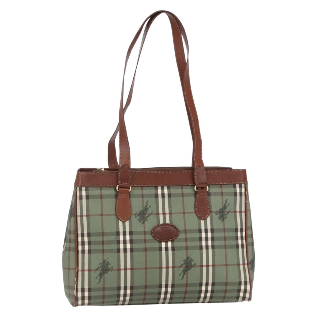 Burberrys Nova Check Tote Bag PVC Leather Green Gold Auth 152895