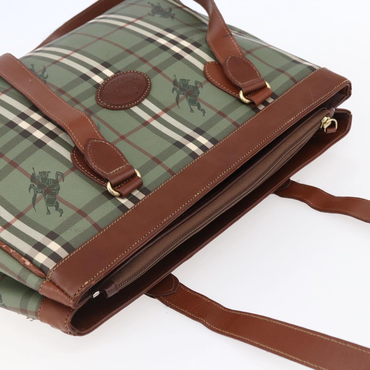 Burberrys Nova Check Tote Bag PVC Leather Green Gold Auth 152895