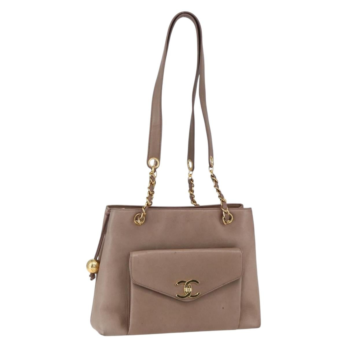 CHANEL Here Chain Shoulder Bag Lamb Skin Beige Gold CC Auth 152897A