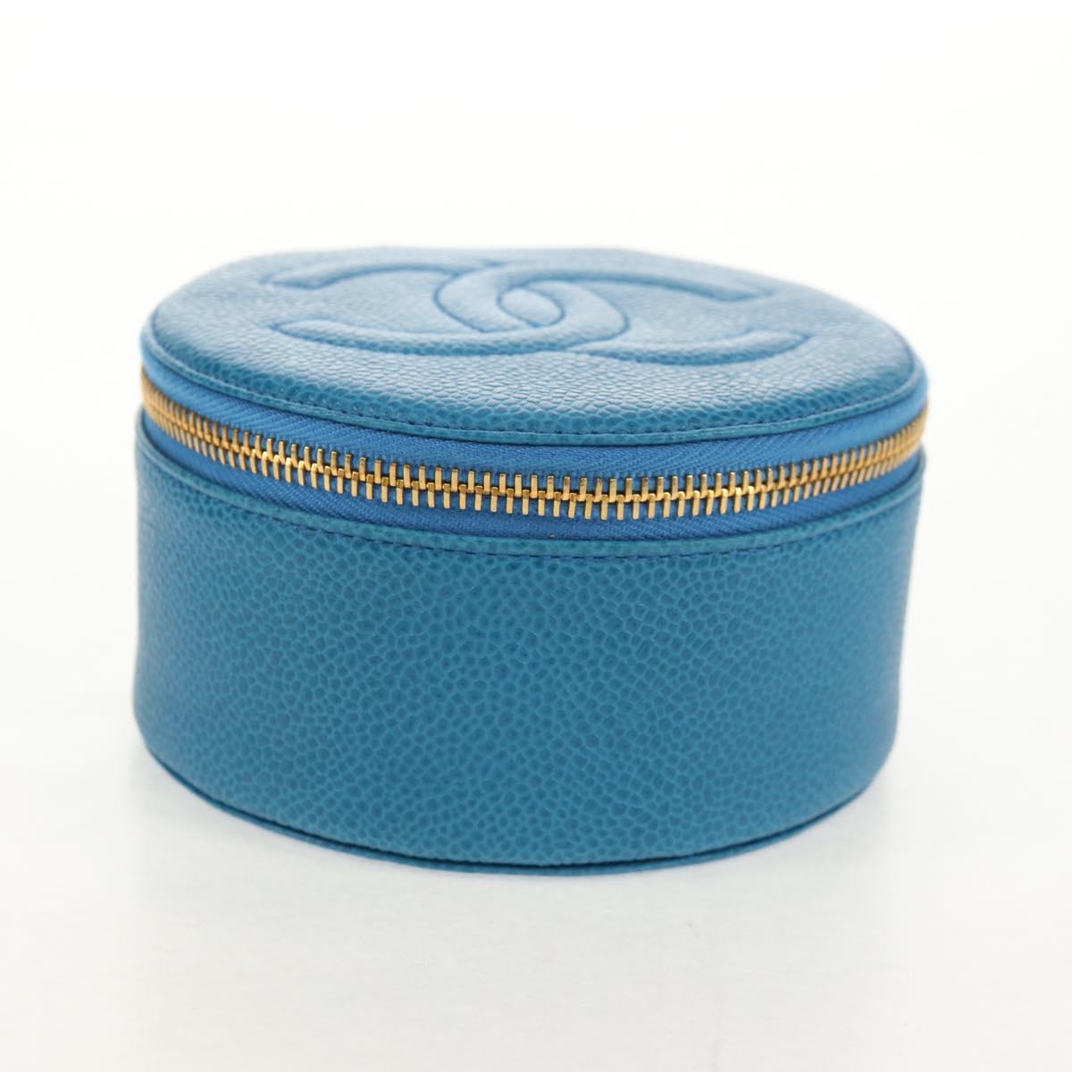 CHANEL COCO Mark Jewelry case Jewelry Box Caviar Skin Blue Gold CC Auth 152911V