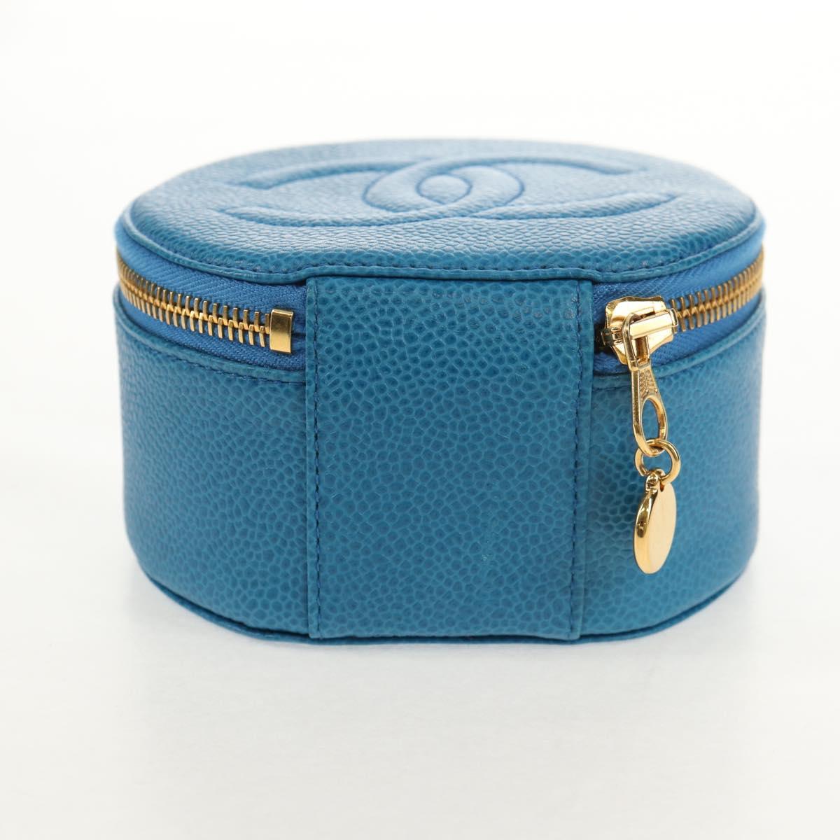 CHANEL COCO Mark Jewelry case Jewelry Box Caviar Skin Blue Gold CC Auth 152911V