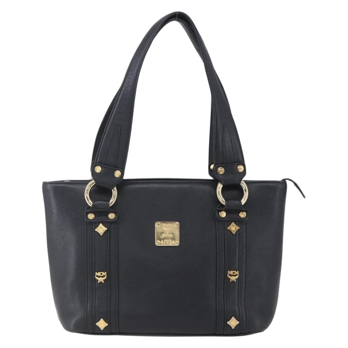 MCM Hand Bag Leather Black Gold Auth 152933