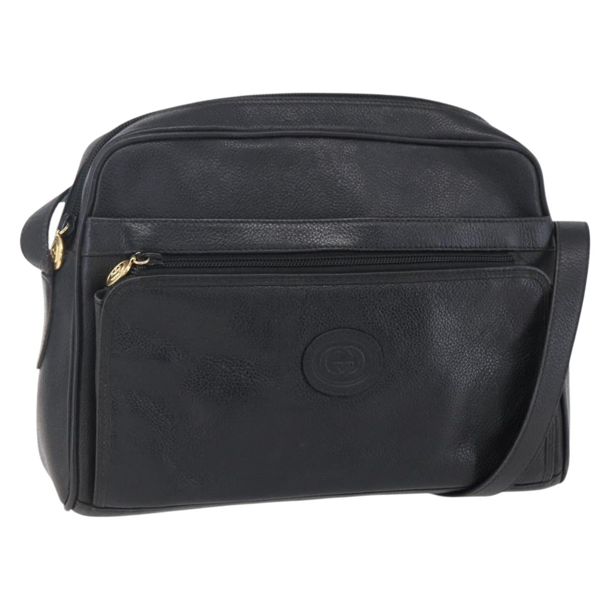 GUCCI Shoulder Bag Leather Black Gold Auth 152934