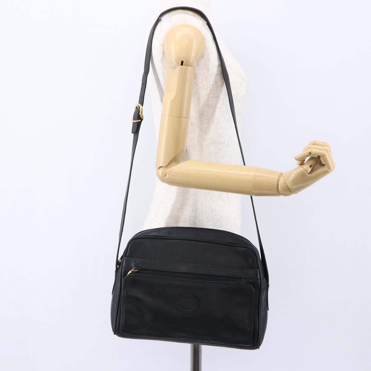 GUCCI Shoulder Bag Leather Black Gold Auth 152934