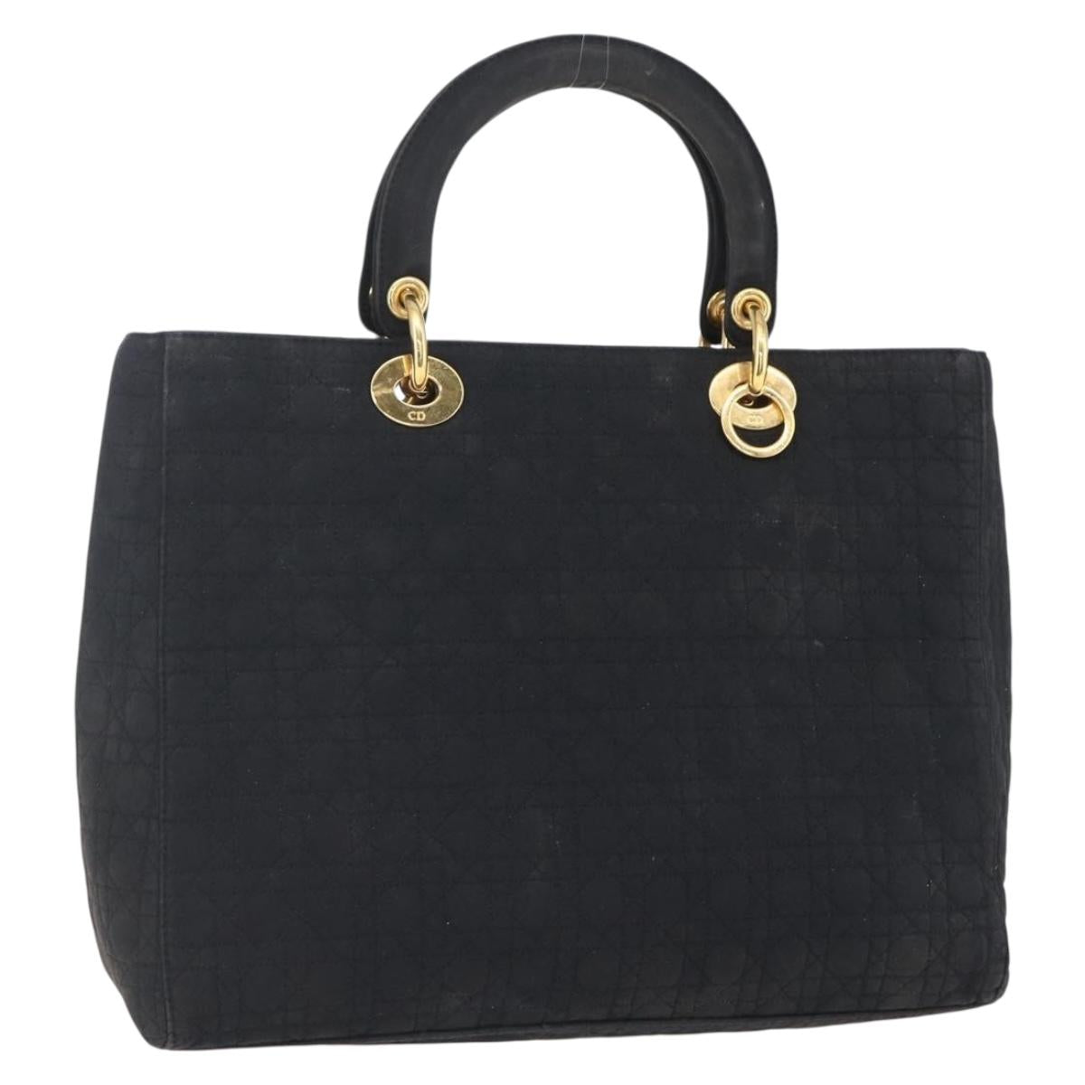 Christian Dior Lady Dior Canage Hand Bag Nylon Black Gold Auth 152936
