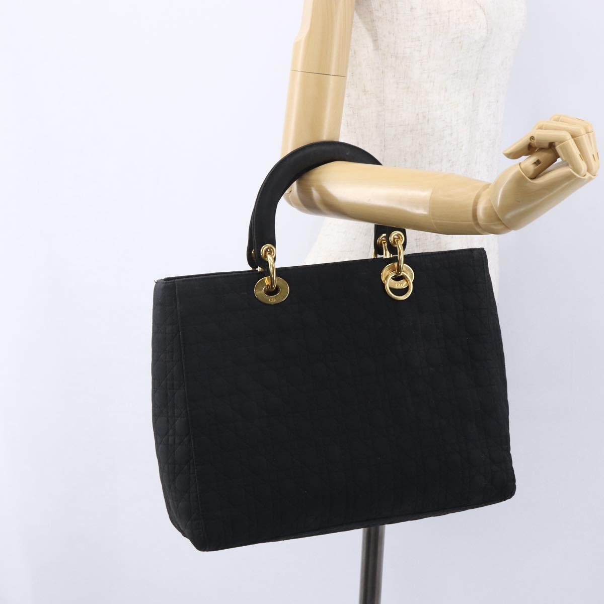 Christian Dior Lady Dior Canage Hand Bag Nylon Black Gold Auth 152936