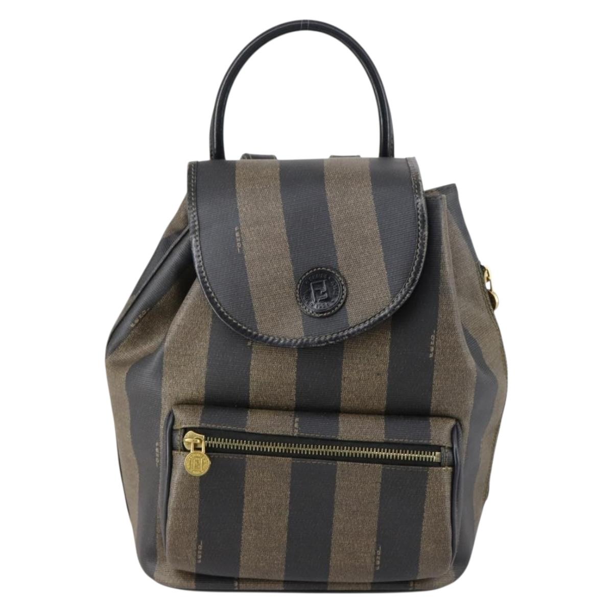 FENDI Pecan Canvas Backpack PVC Brown Black gold Auth 152942