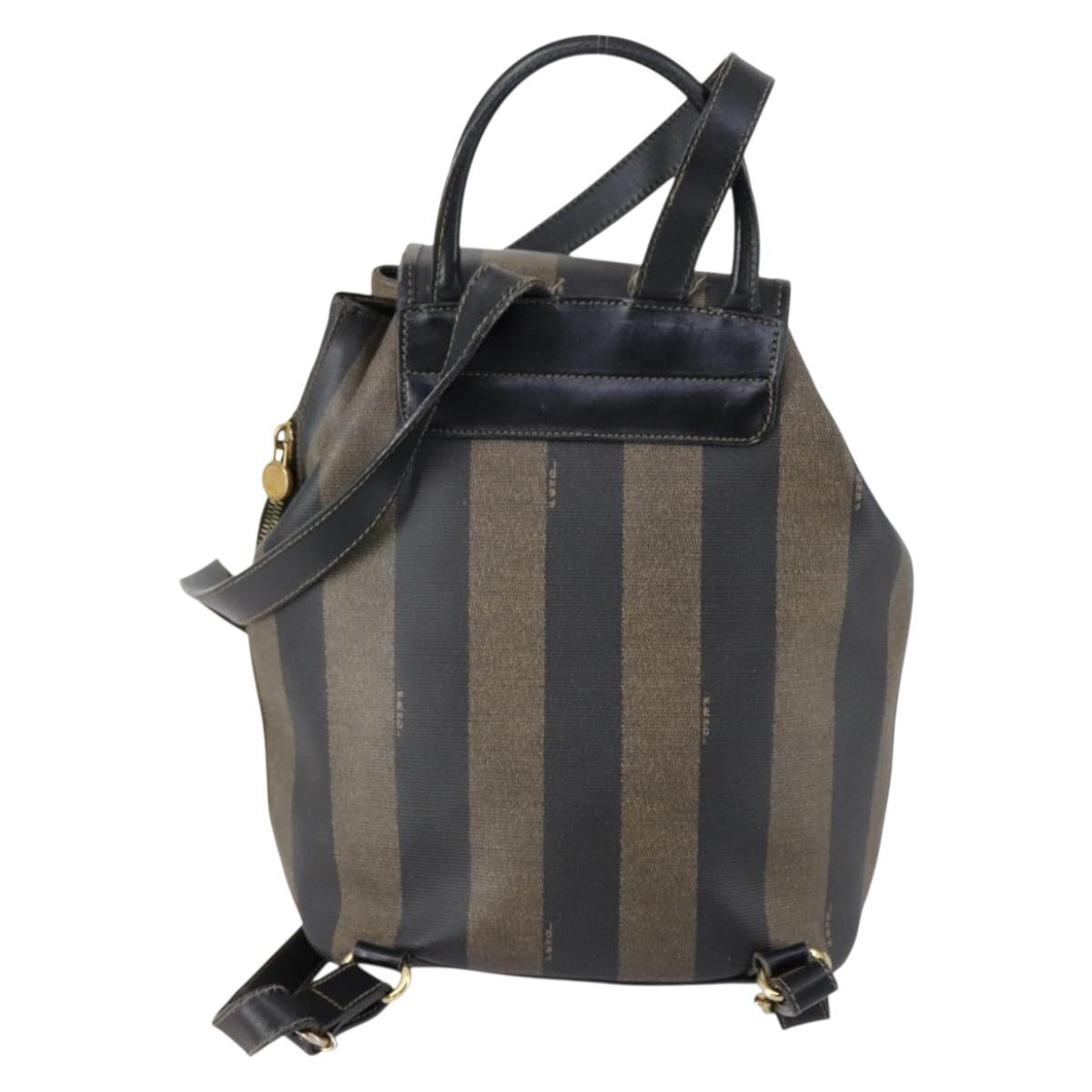 FENDI Pecan Canvas Backpack PVC Brown Black gold Auth 152942