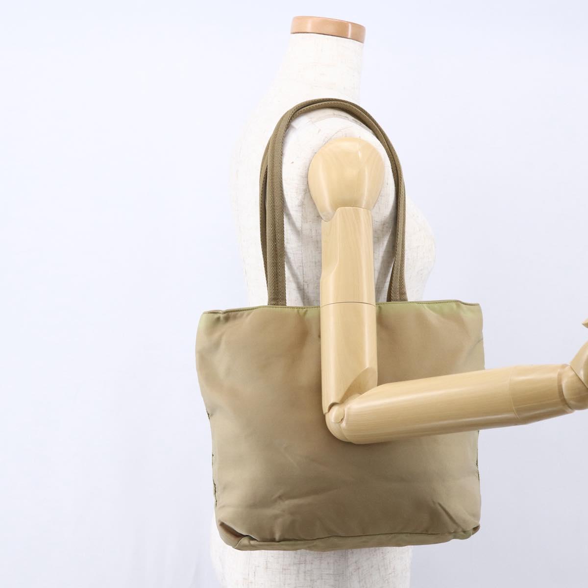 PRADA Tote Bag Nylon Beige Silver Auth 152951