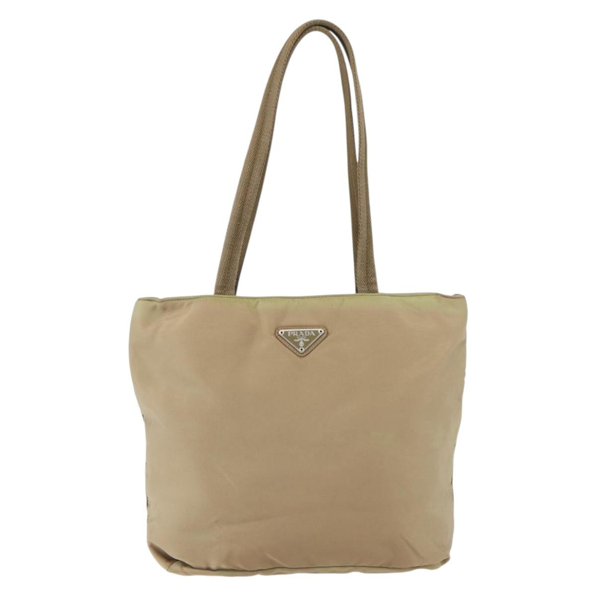 PRADA Tote Bag Nylon Beige Silver Auth 152951