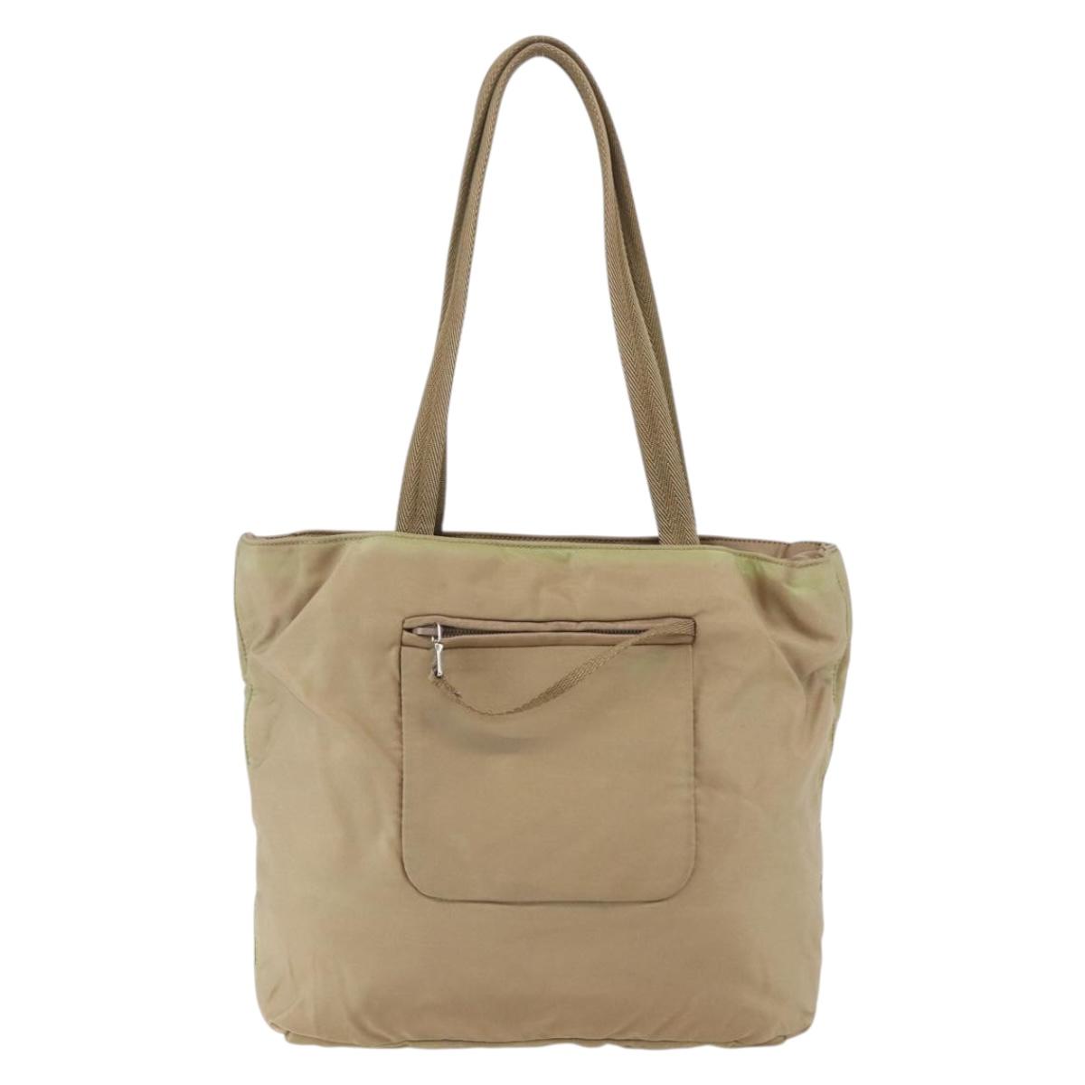 PRADA Tote Bag Nylon Beige Silver Auth 152951