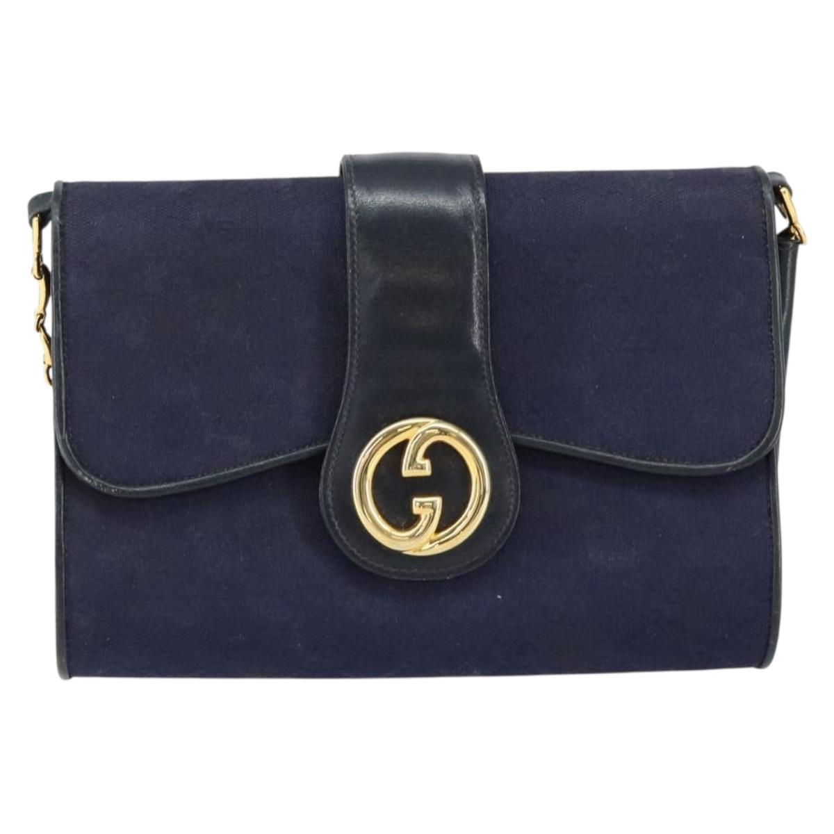 GUCCI GG Canvas Horsebit Chain Shoulder Bag PVC Navy Gold Auth 152956