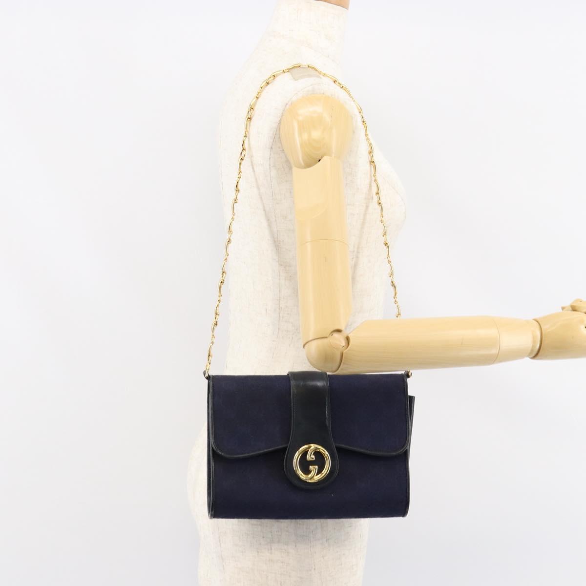 GUCCI GG Canvas Horsebit Chain Shoulder Bag PVC Navy Gold Auth 152956