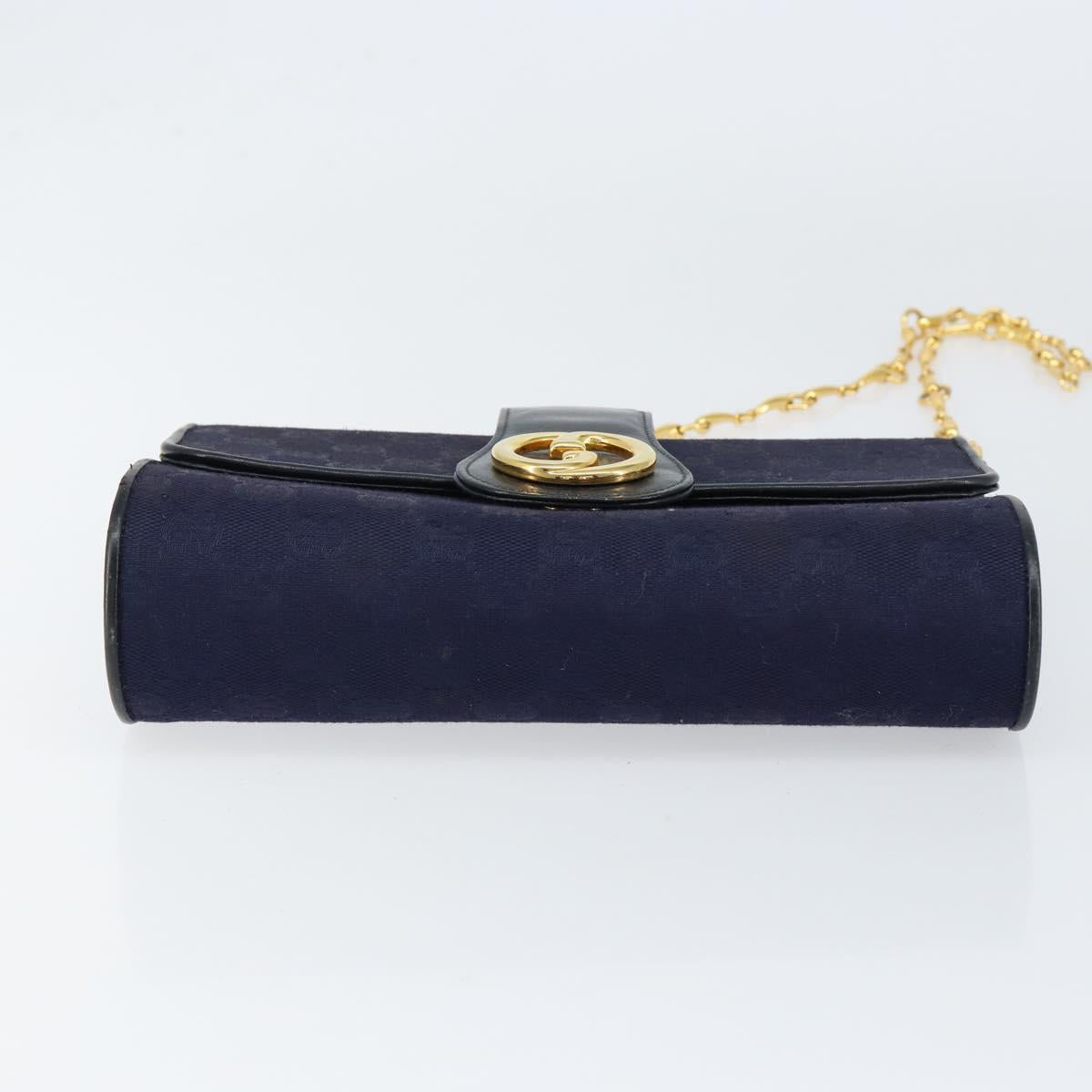 GUCCI GG Canvas Horsebit Chain Shoulder Bag PVC Navy Gold Auth 152956