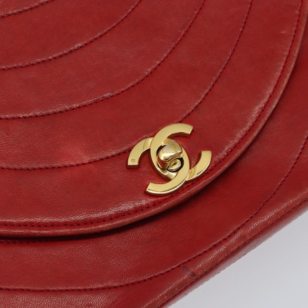 CHANEL Wave Line Chain Shoulder Bag Lamb Skin Red Gold CC Auth 152957