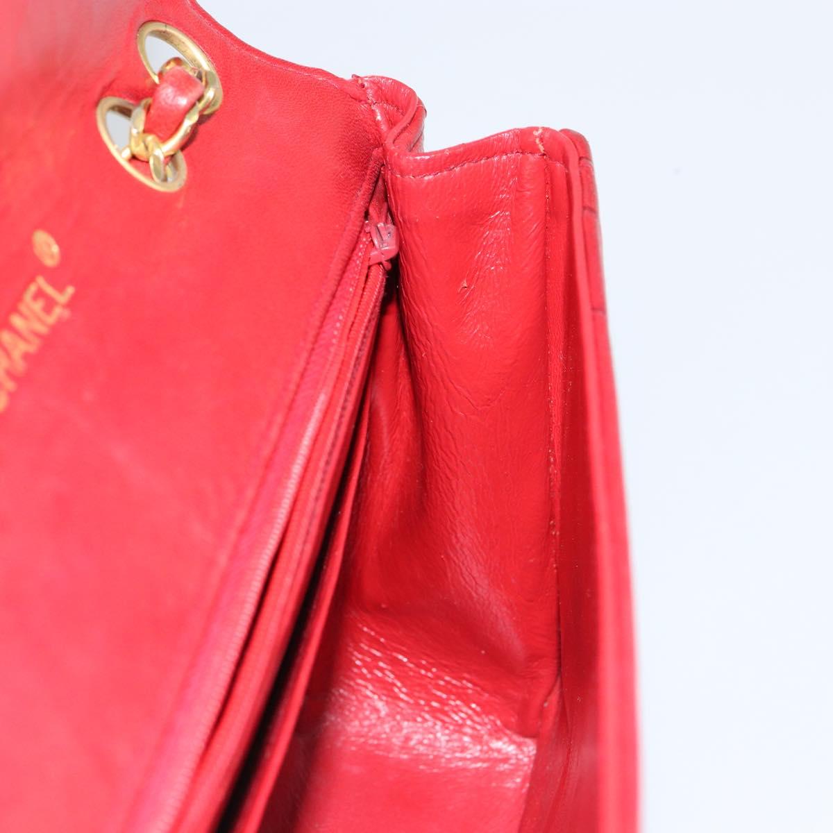 CHANEL Wave Line Chain Shoulder Bag Lamb Skin Red Gold CC Auth 152957