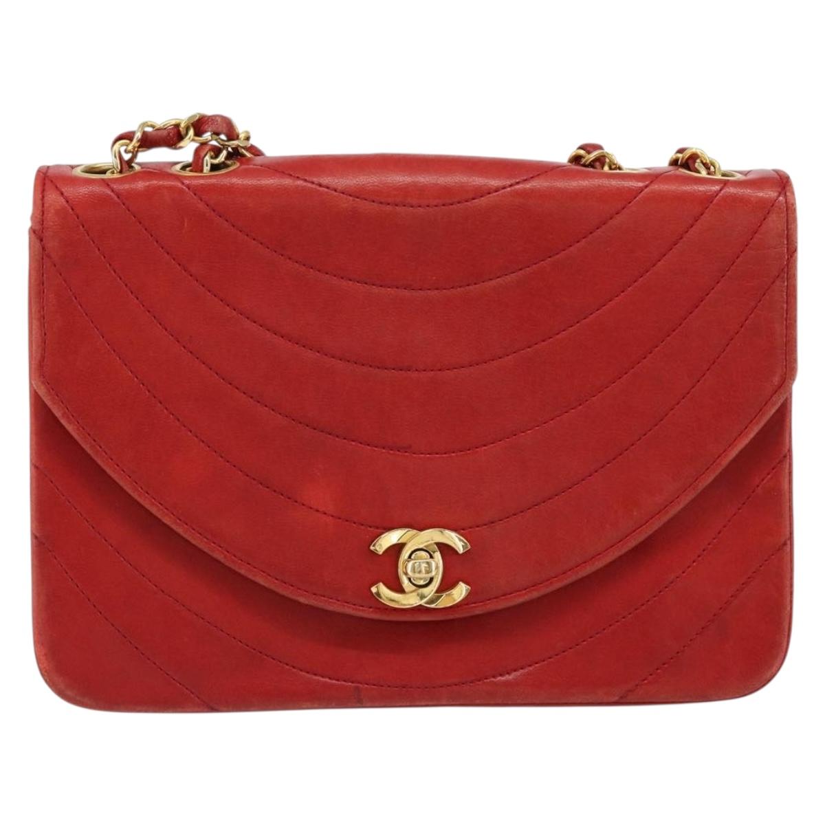 CHANEL Wave Line Chain Shoulder Bag Lamb Skin Red Gold CC Auth 152957