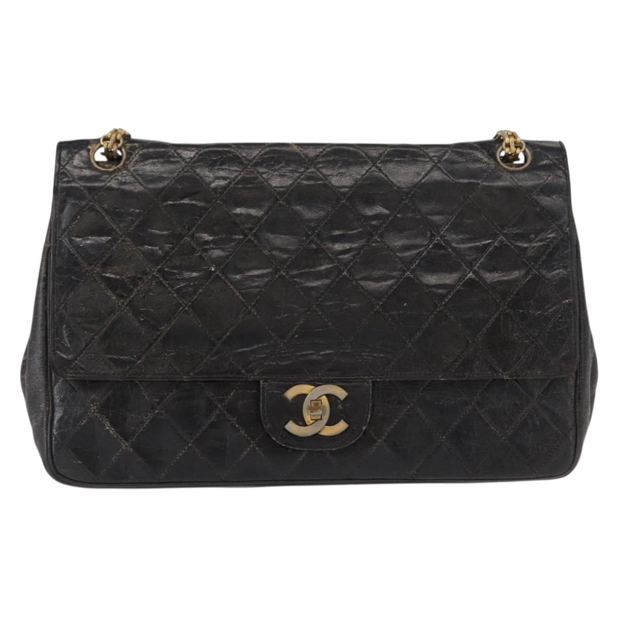 CHANEL Matelasse Chain Shoulder Bag Lamb Skin Vintage Black Gold CC Auth 152958