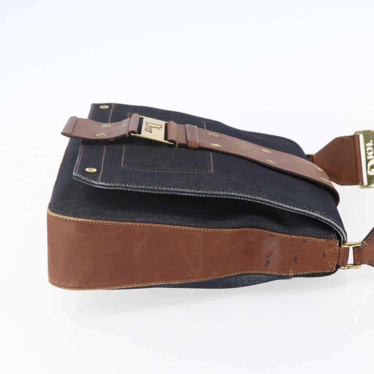 Christian Dior Street Chic Shoulder Bag Denim Leather Navy gold Auth 152959