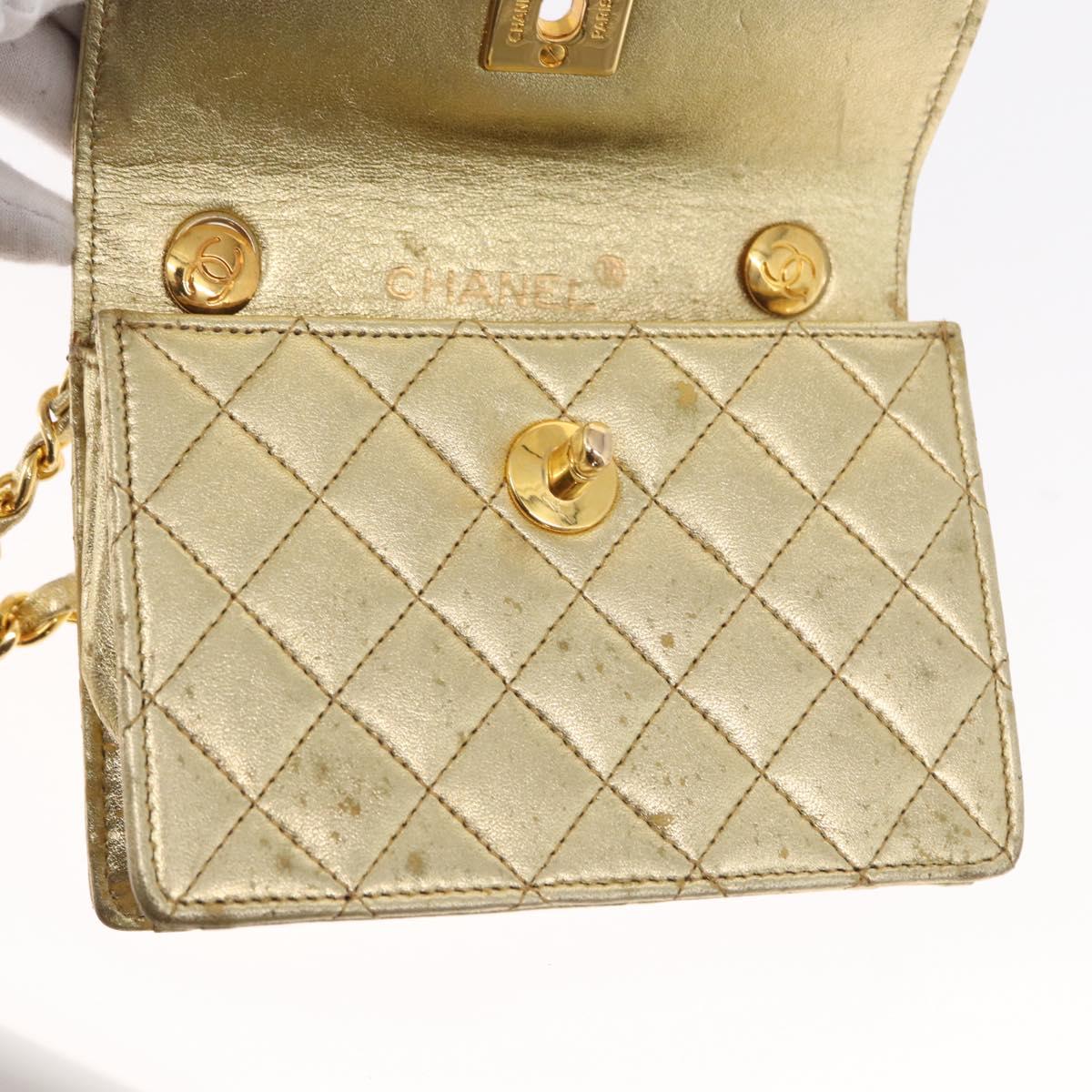 CHANEL Mini Matelasse Chain Shoulder Bag Lamb Skin Gold CC Auth 152962