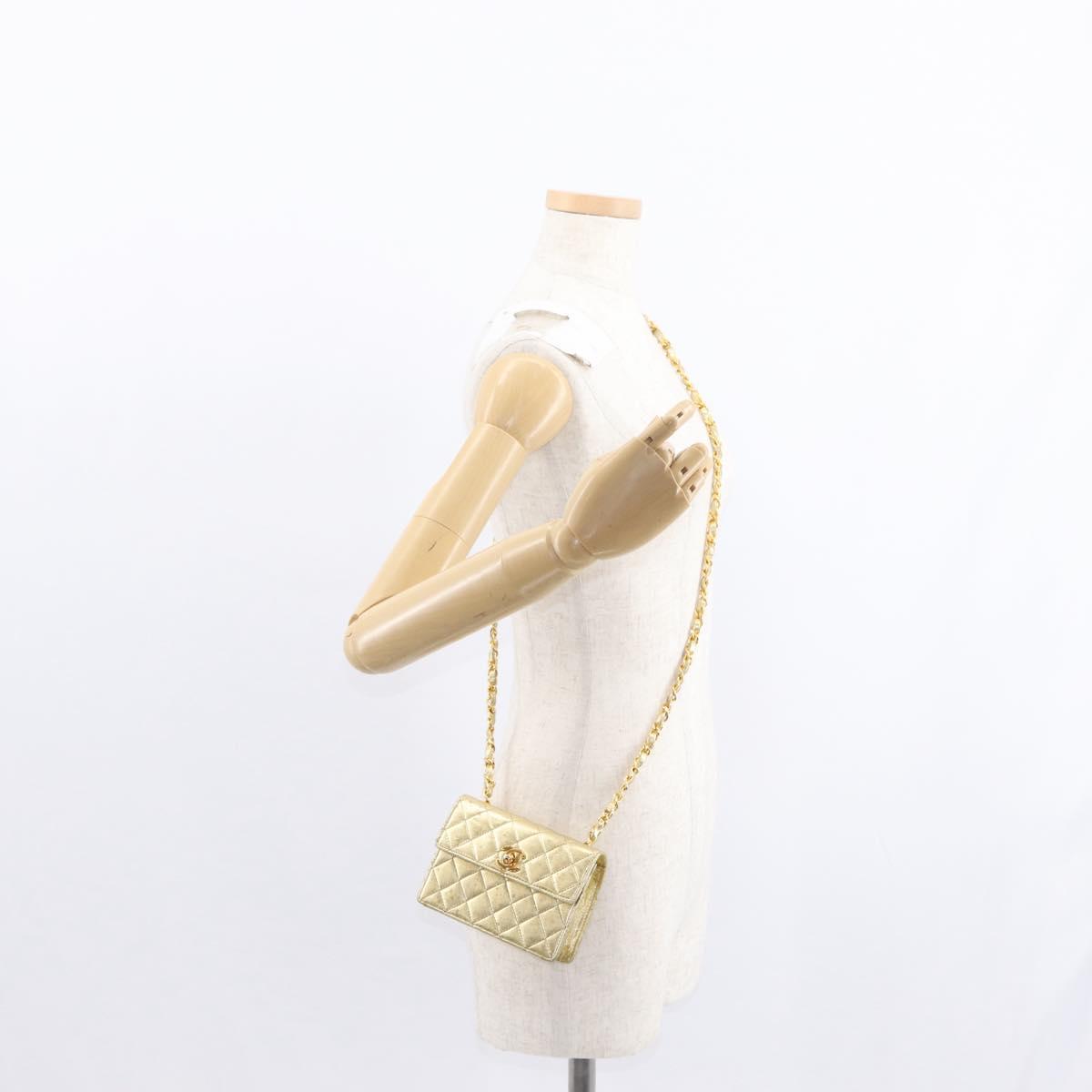 CHANEL Mini Matelasse Chain Shoulder Bag Lamb Skin Gold CC Auth 152962