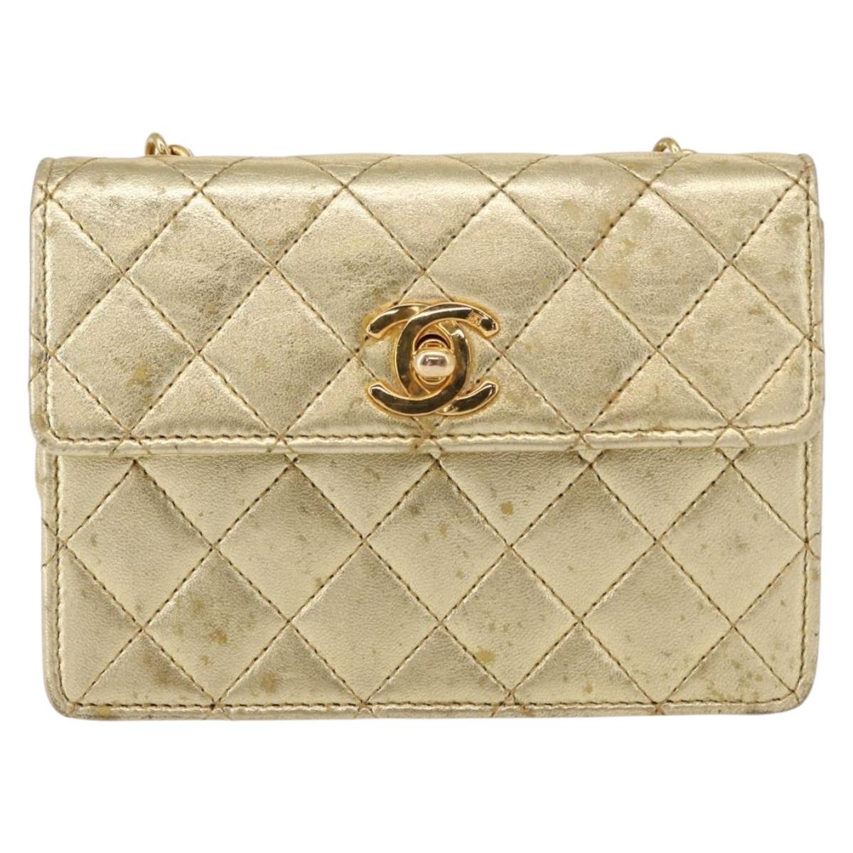 CHANEL Mini Matelasse Chain Shoulder Bag Lamb Skin Gold CC Auth 152962