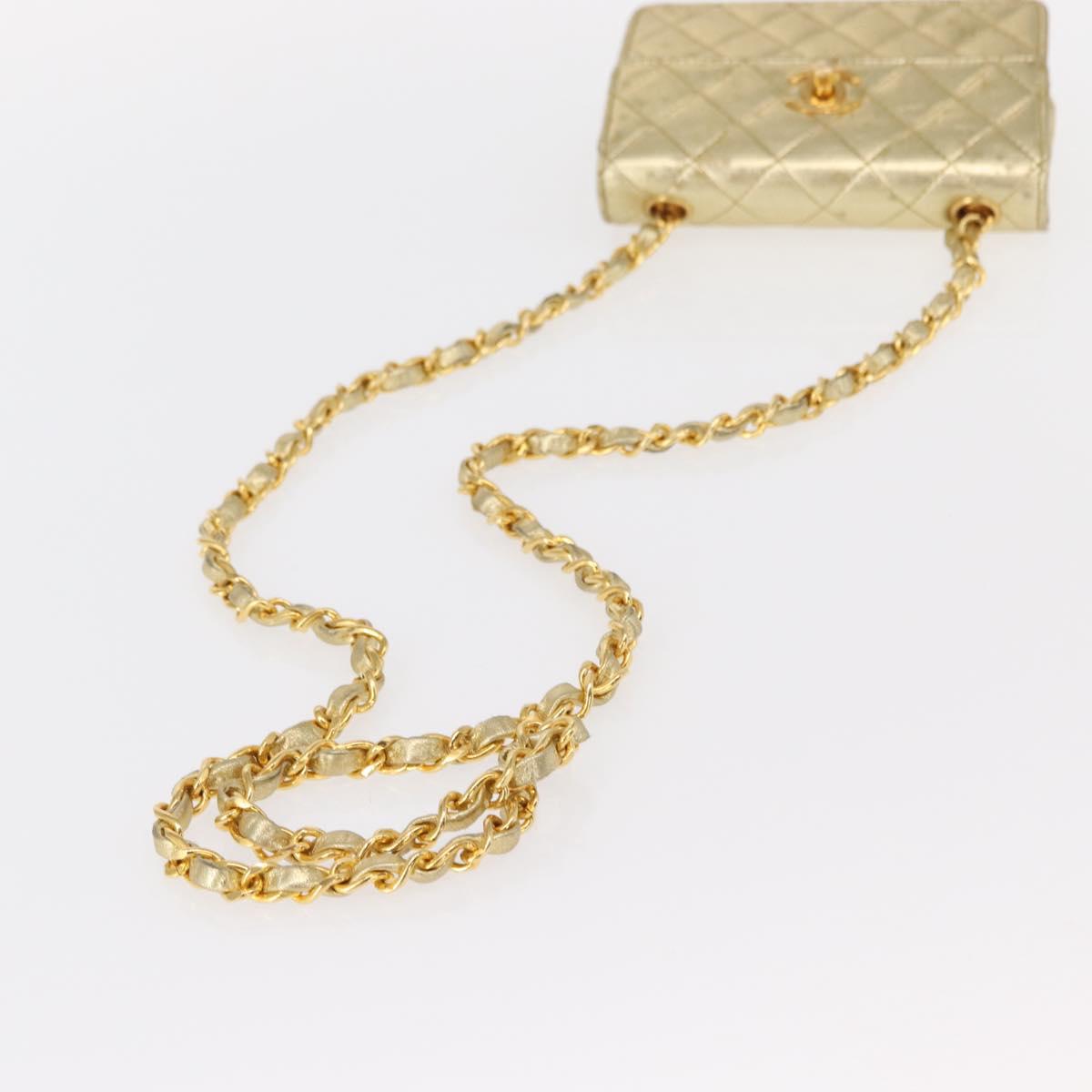 CHANEL Mini Matelasse Chain Shoulder Bag Lamb Skin Gold CC Auth 152962