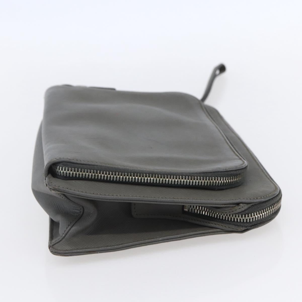 PRADA Clutch Bag Safiano Leather Gray Silver Auth 152965