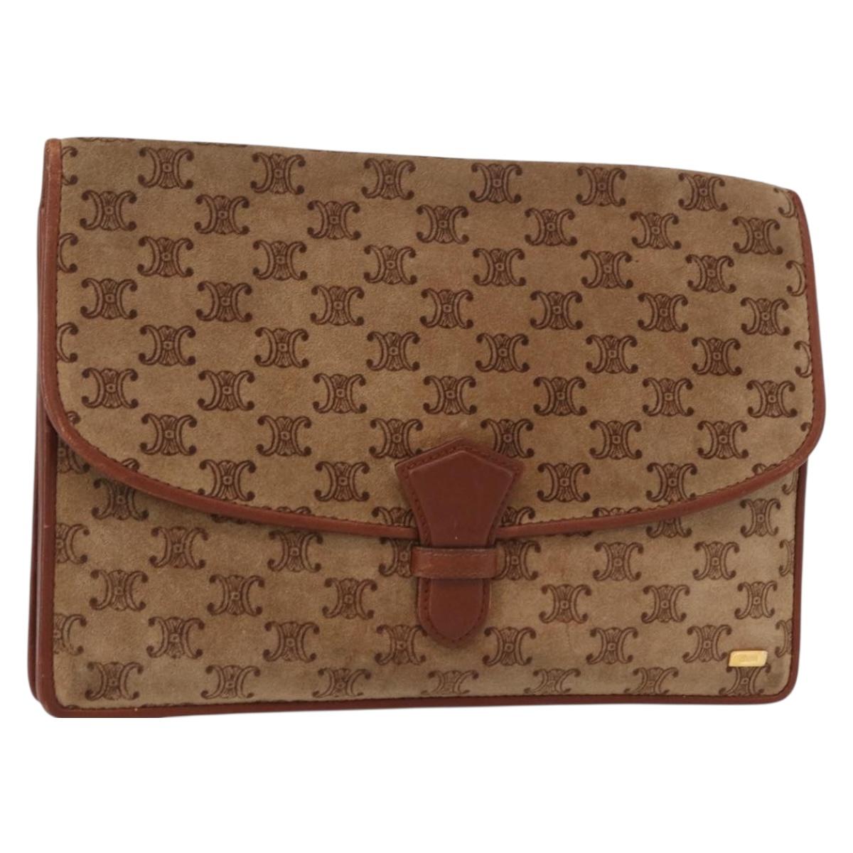 CELINE Macadam Canvas Clutch Bag Suede Beige Gold Auth 152980