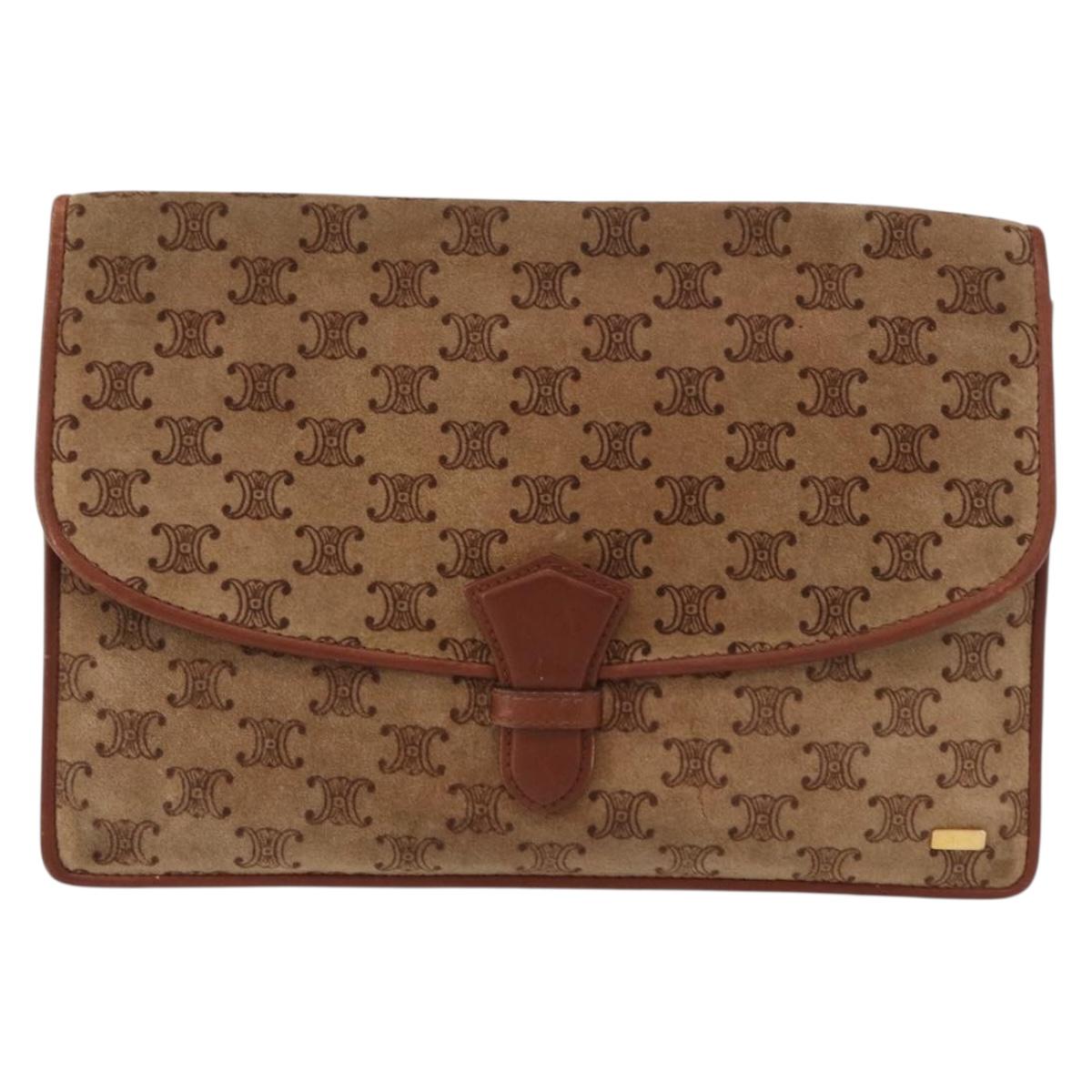 CELINE Macadam Canvas Clutch Bag Suede Beige Gold Auth 152980