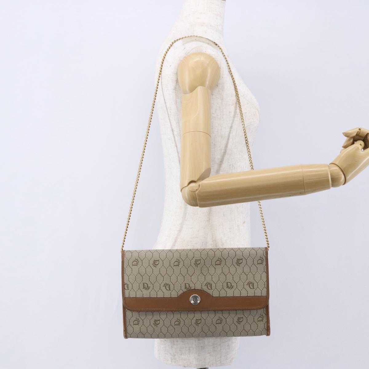 Christian Dior Honeycomb Canvas Chain Shoulder Bag PVC Beige Gold Auth 152993