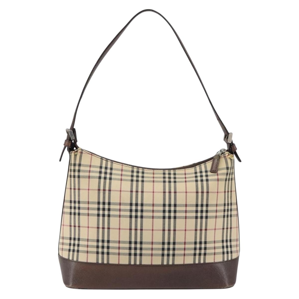 BURBERRY Nova Check Shoulder Bag Canvas Beige Silver Auth 153010