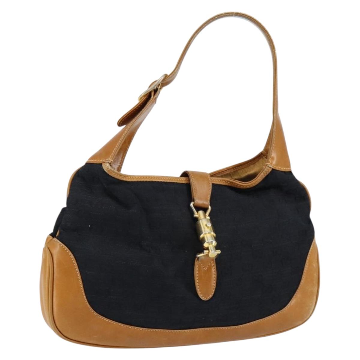 GUCCI GG Canvas Jackie Shoulder Bag Black Gold Auth 153012
