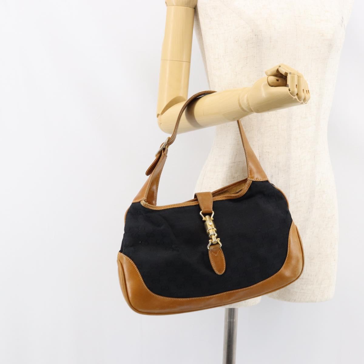 GUCCI GG Canvas Jackie Shoulder Bag Black Gold Auth 153012