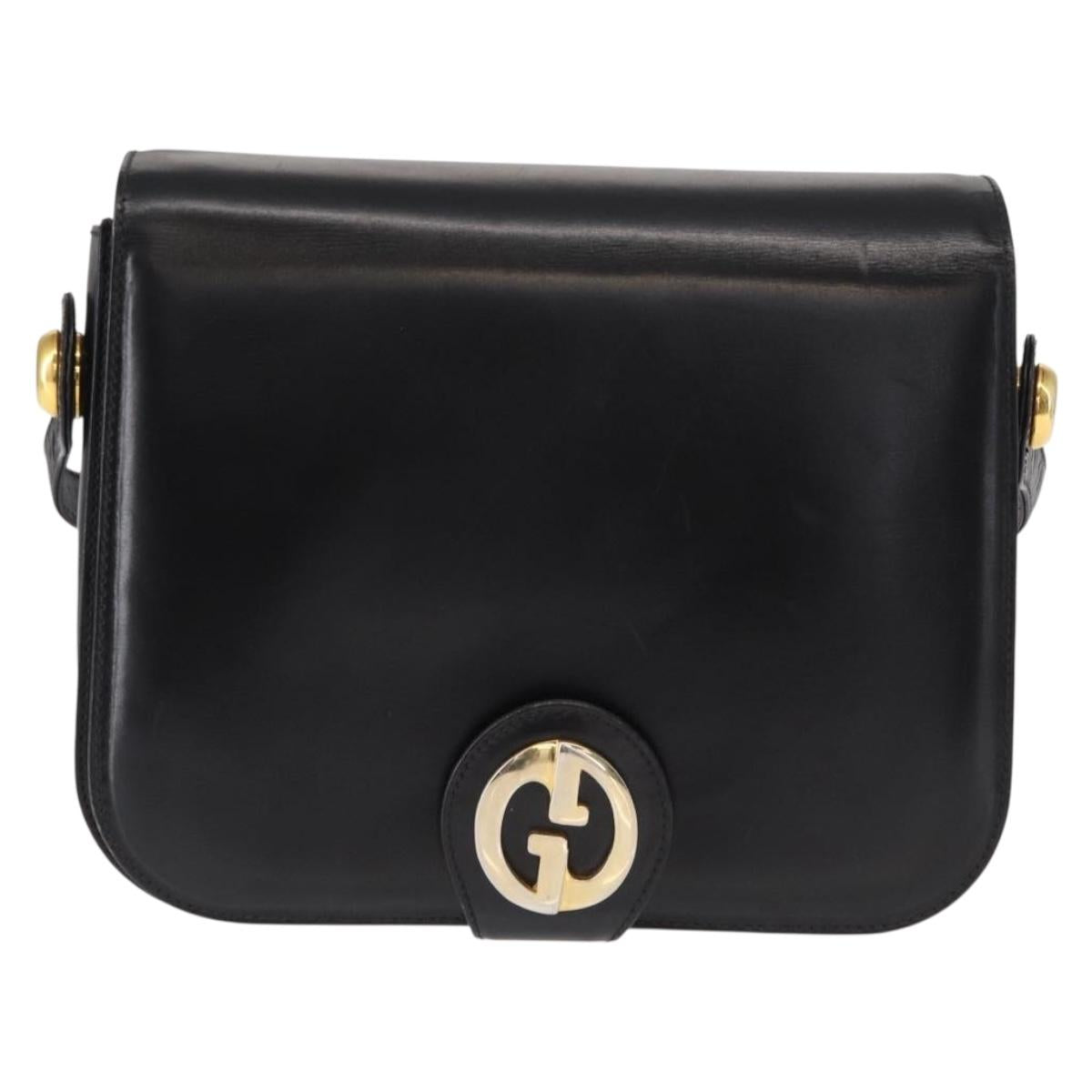 GUCCI Shoulder Bag Leather Black Gold Auth 153040