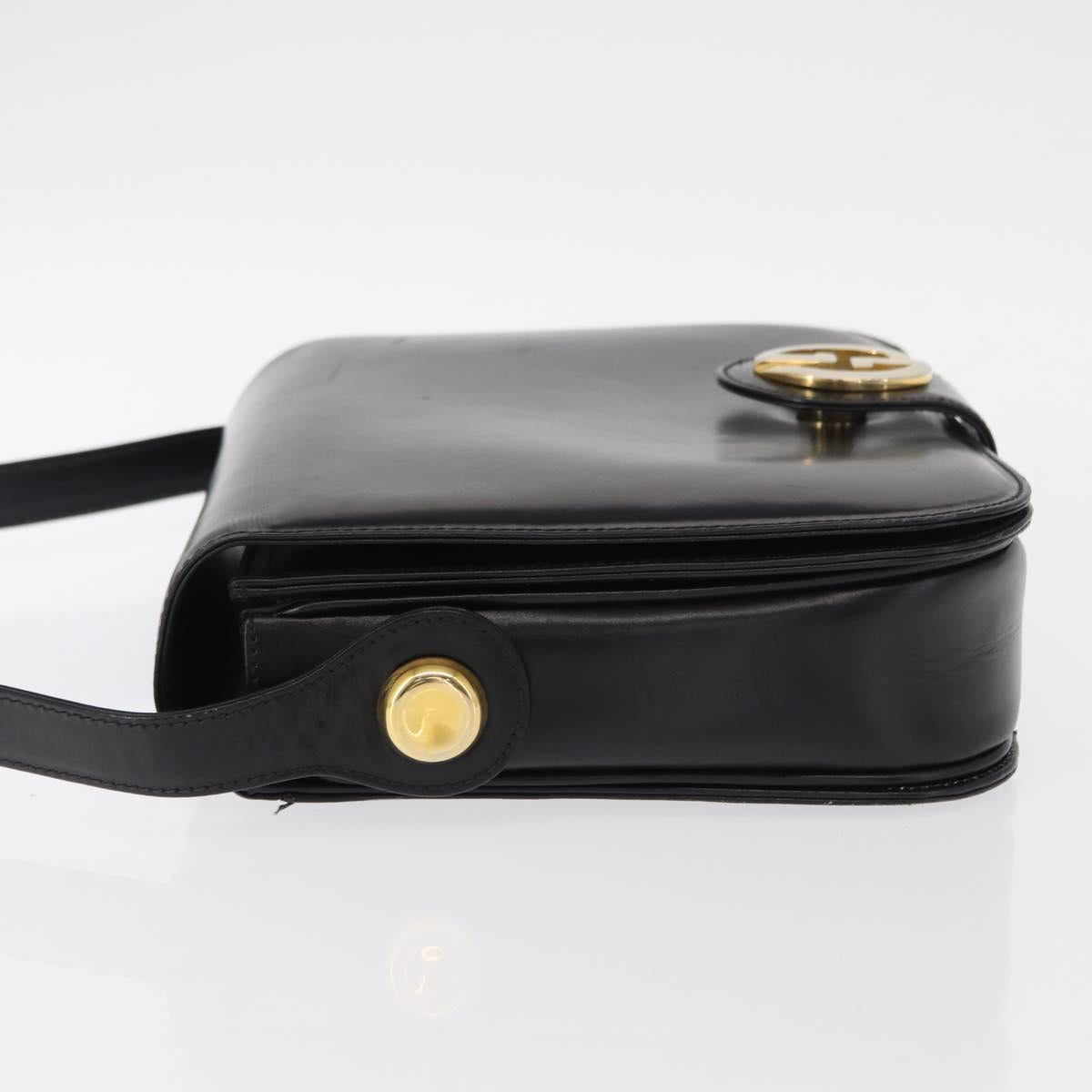 GUCCI Shoulder Bag Leather Black Gold Auth 153040