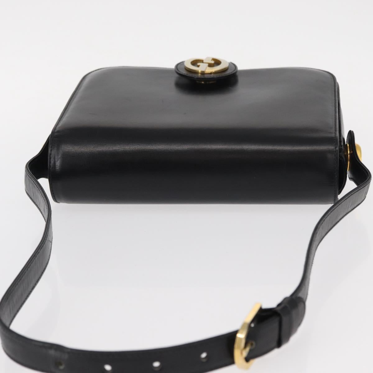 GUCCI Shoulder Bag Leather Black Gold Auth 153040