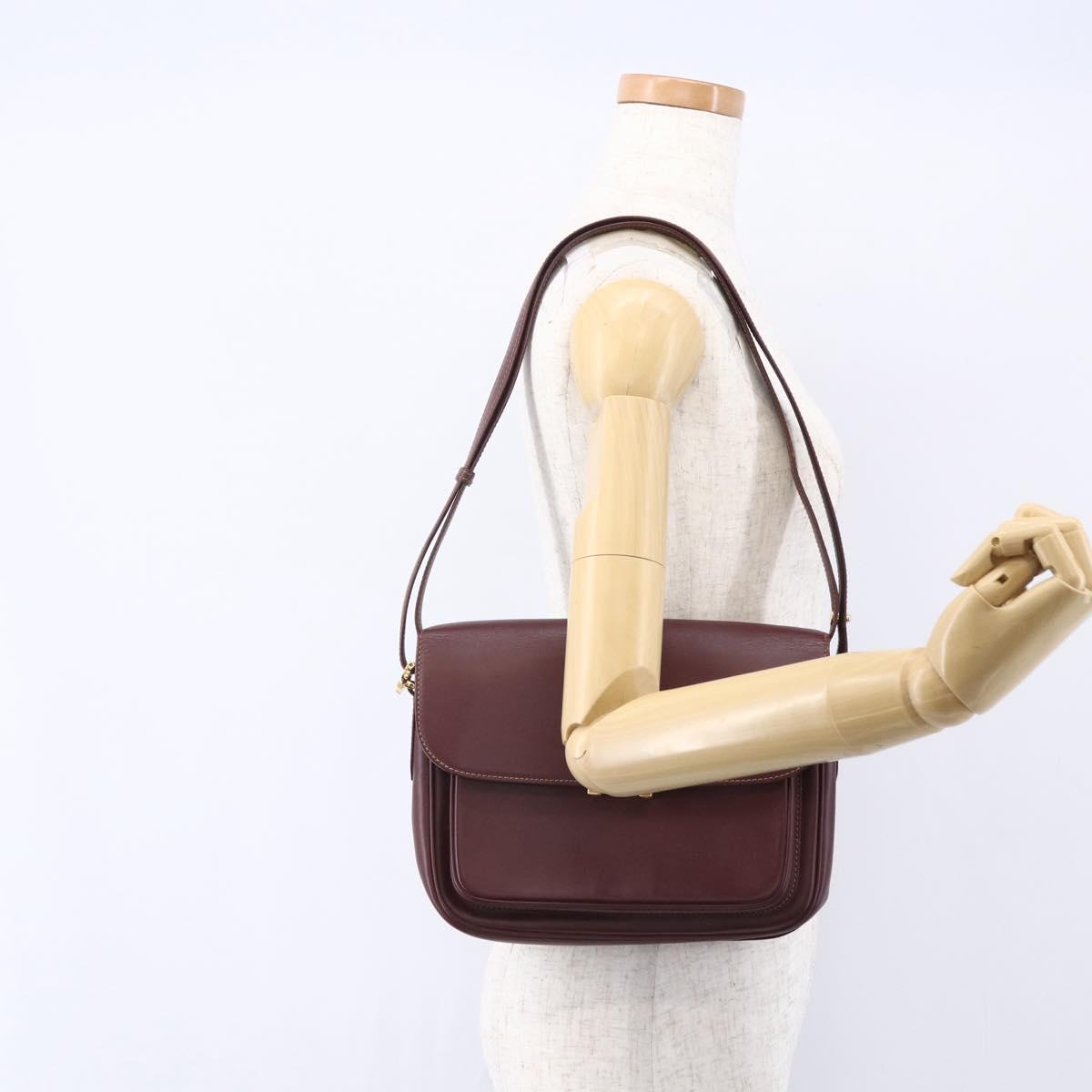 CARTIER Shoulder Bag Leather Bordeaux Gold Auth 153047