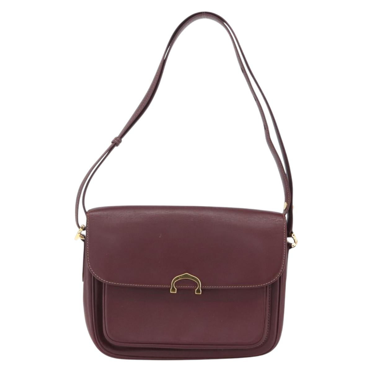 CARTIER Shoulder Bag Leather Bordeaux Gold Auth 153047