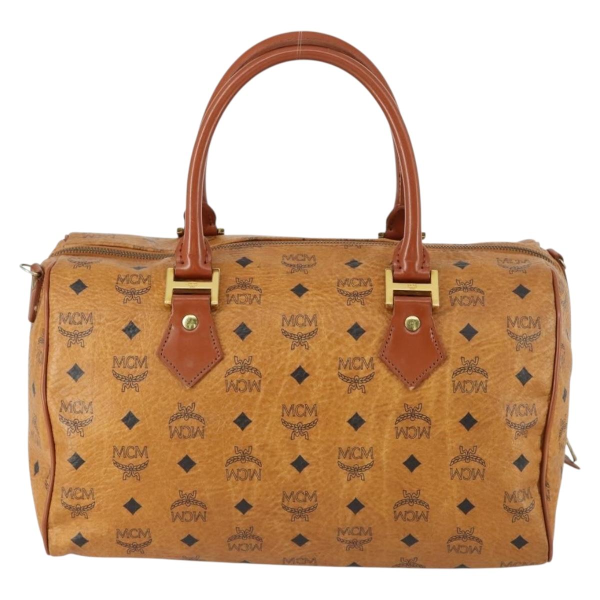 MCM Logogram Vicetos Boston Bag PVC Leather Brown Gold Auth 153049