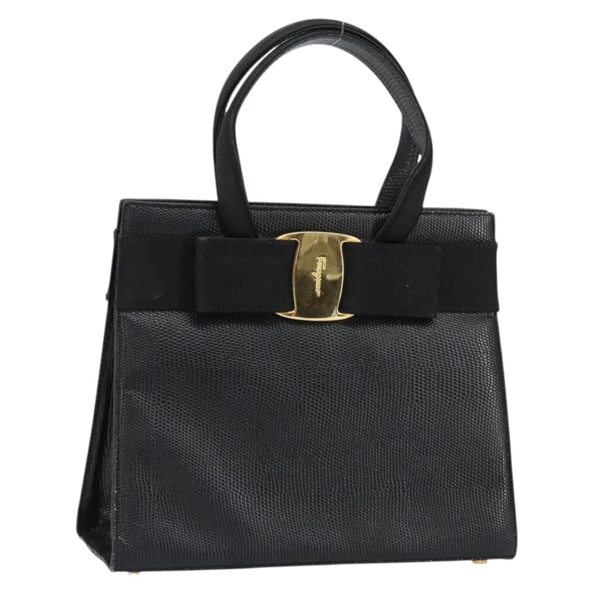 Salvatore Ferragamo Vala Hand Bag Leather Black Gold Auth 153051
