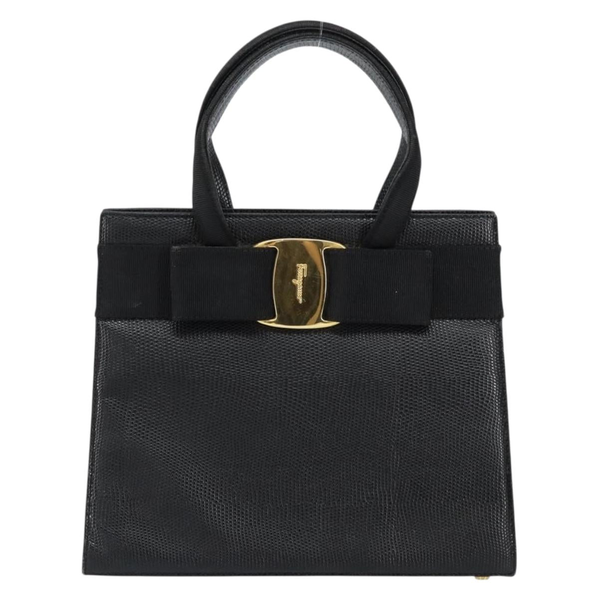 Salvatore Ferragamo Vala Hand Bag Leather Black Gold Auth 153051