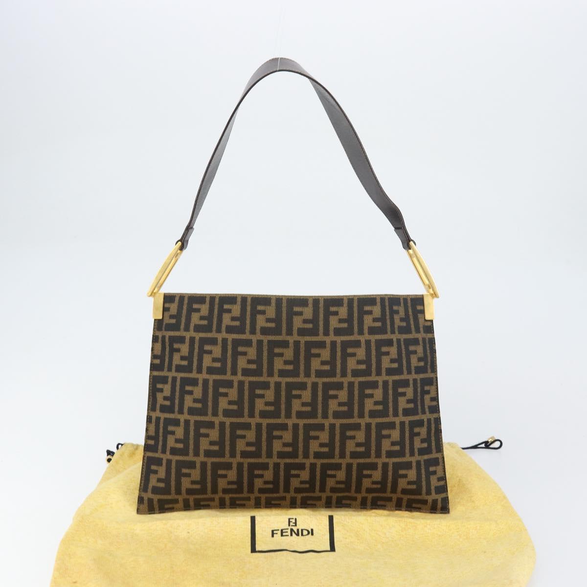 FENDI Zucca Canvas Shoulder Bag Black Brown gold Auth 153056