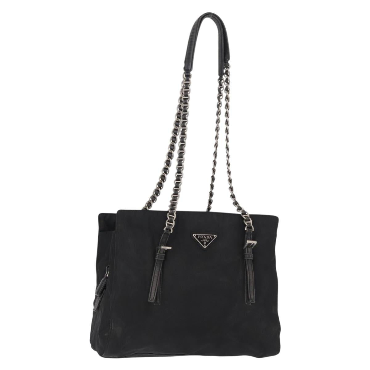 PRADA Chain Shoulder Bag Nylon Black Silver Auth 153059