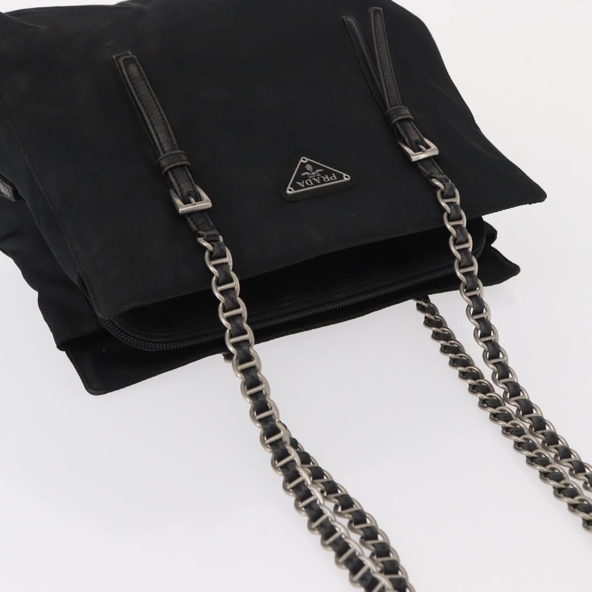 PRADA Chain Shoulder Bag Nylon Black Silver Auth 153059
