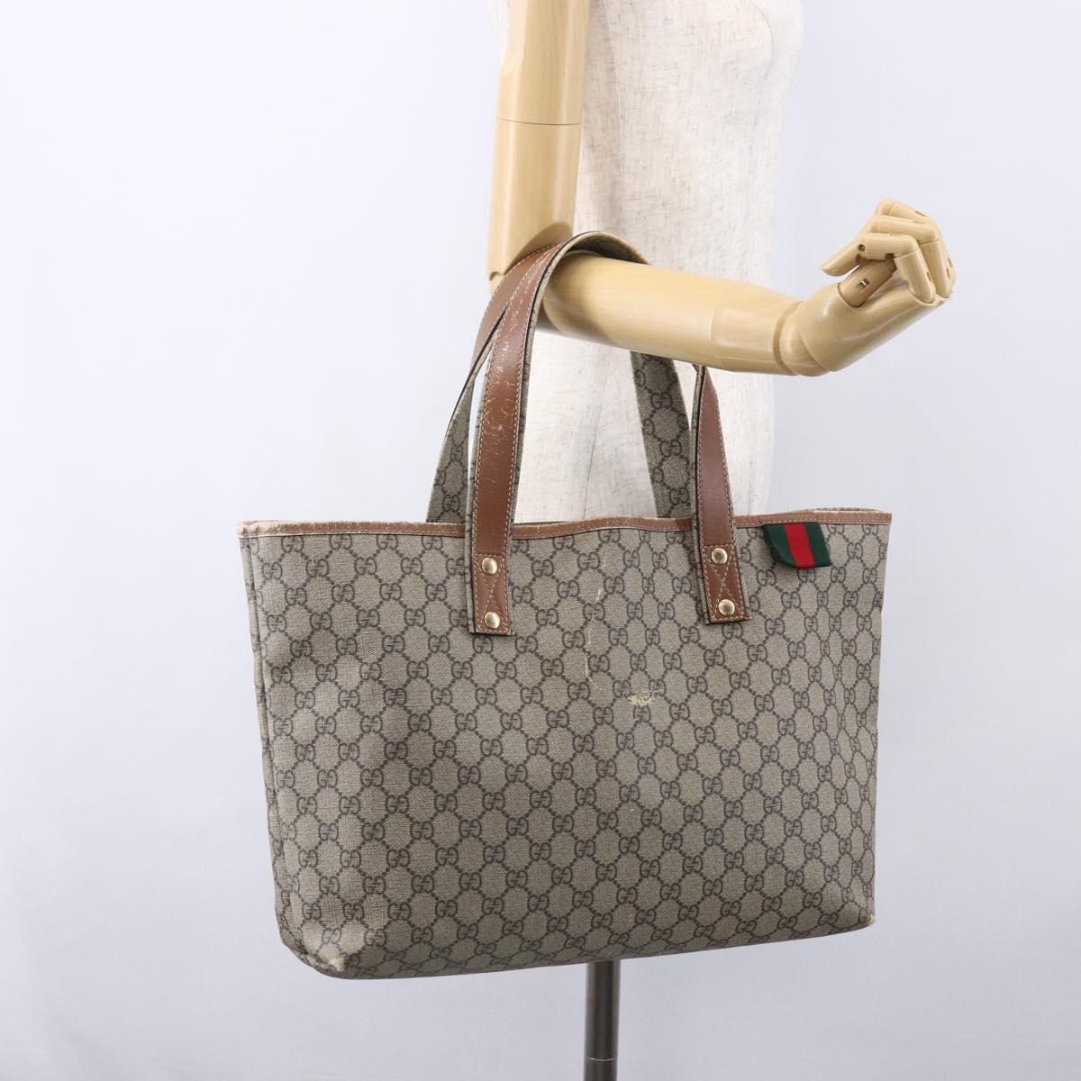 GUCCI GG Supreme Web Sherry Line Tote Bag PVC Beige Red 211134 Auth 153074