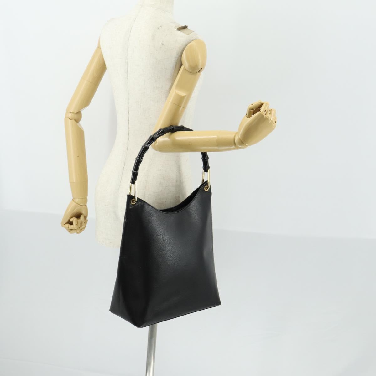 GUCCI Bamboo Hand Bag Leather Black Gold 001 2122 3006 Auth 153081