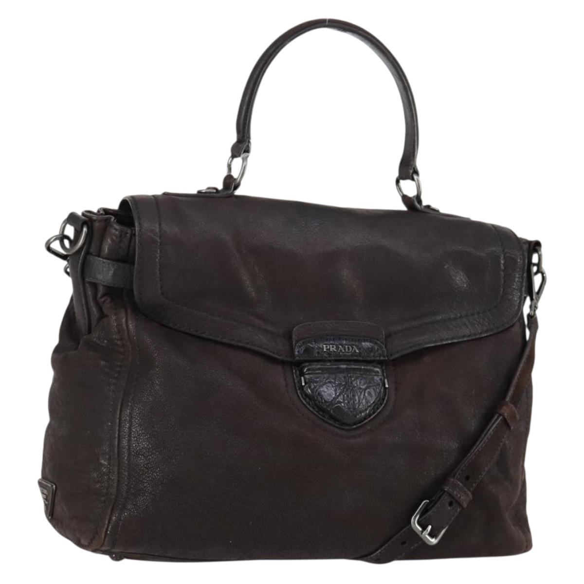 PRADA Hand Bag Leather 2way Brown Silver Auth 153083