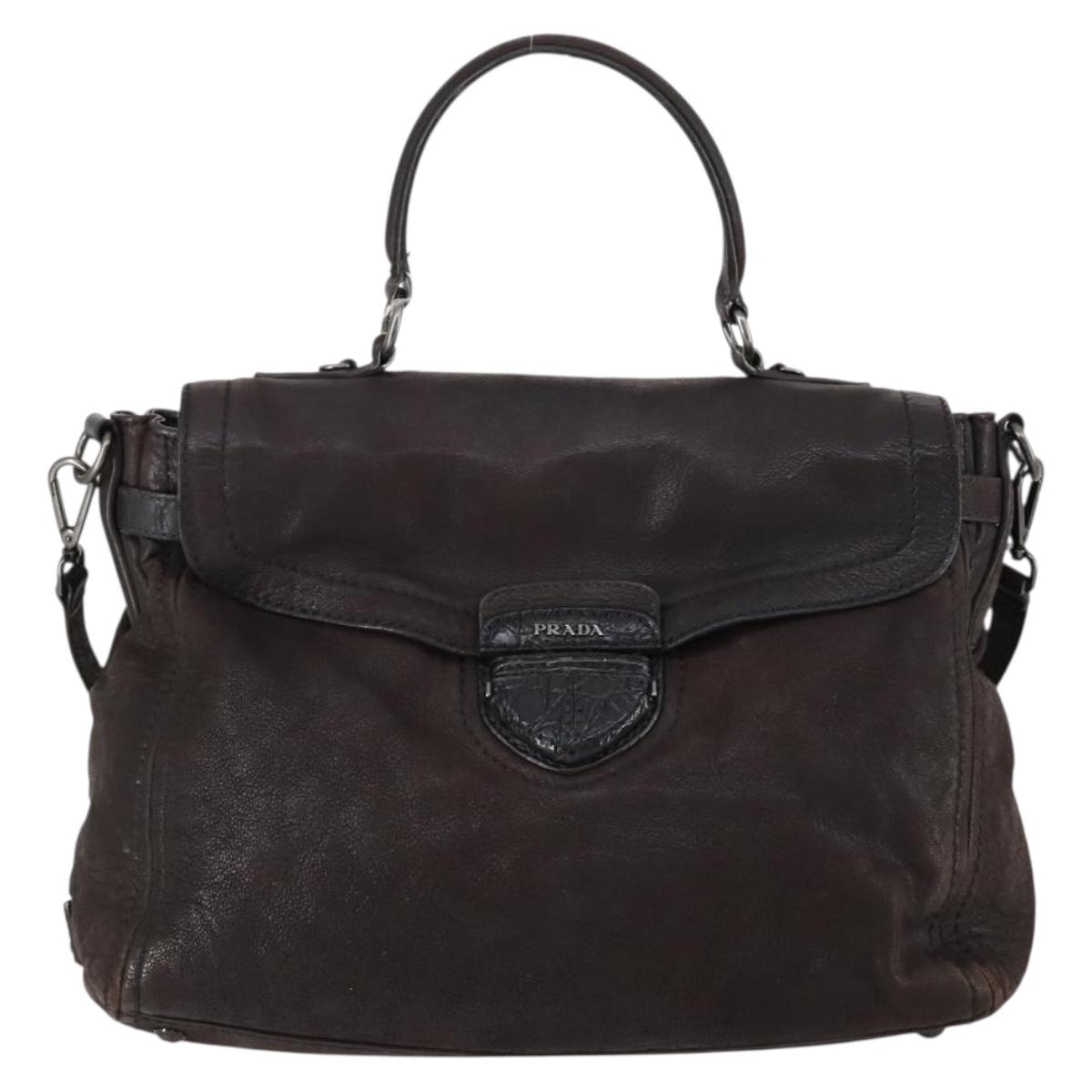 PRADA Hand Bag Leather 2way Brown Silver Auth 153083